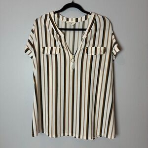 Flower +‎ Feather Black Gold Cream Split Neck Zip Blouse 2XL Workleisure Neutral